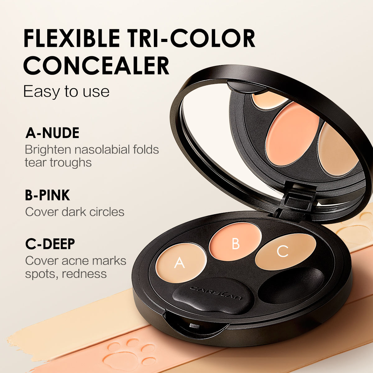 CARSLAN Flexible Tri-Color Concealer, 3 IN 1 Color Correcting Concealer Cream Plate, 12H Longlasting for Blemish, Dark Circles