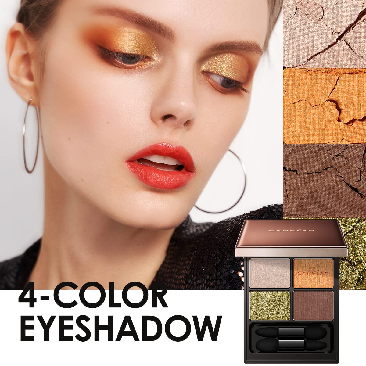 CARSLAN 4 Color Eyeshadow Palette with Dual Ended Applicator Brush, Long Lasting Waterproof Velvety Pigmented Mirrored Eyeshadow Makeup