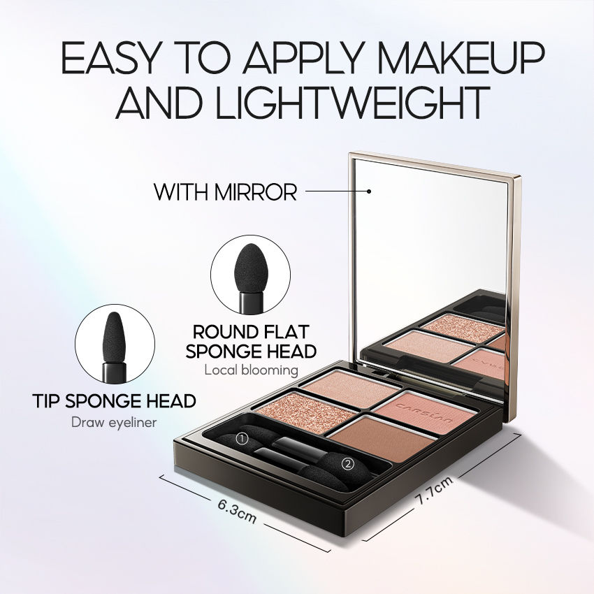 CARSLAN 4 Color Eyeshadow Palette with Dual Ended Applicator Brush, Long Lasting Waterproof Velvety Pigmented Mirrored Eyeshadow Makeup