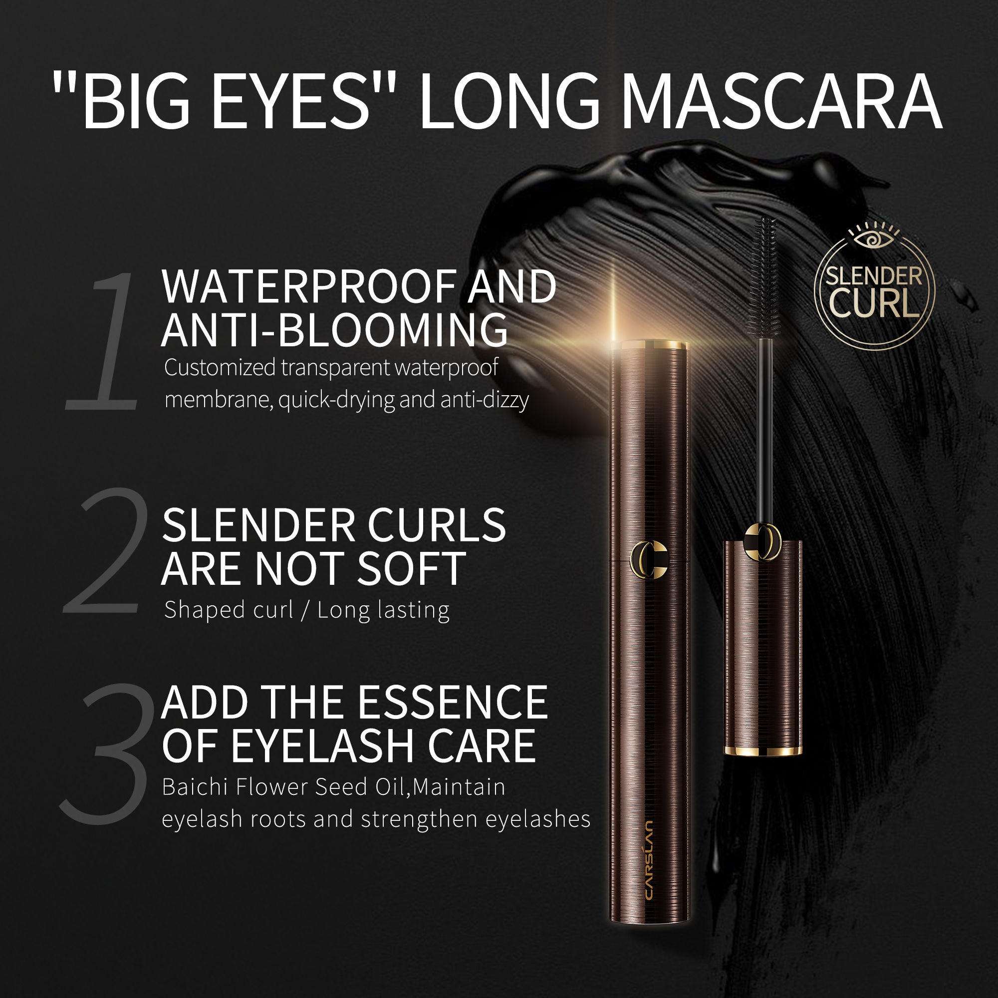 CARSLAN 2PCS Mascara Liquid Volumizing Lash Washable Long Wear Mascara Waterproof Eyeliner Build Big Bad Eye Makeup, No Clump, Smudgeproof, Very Black