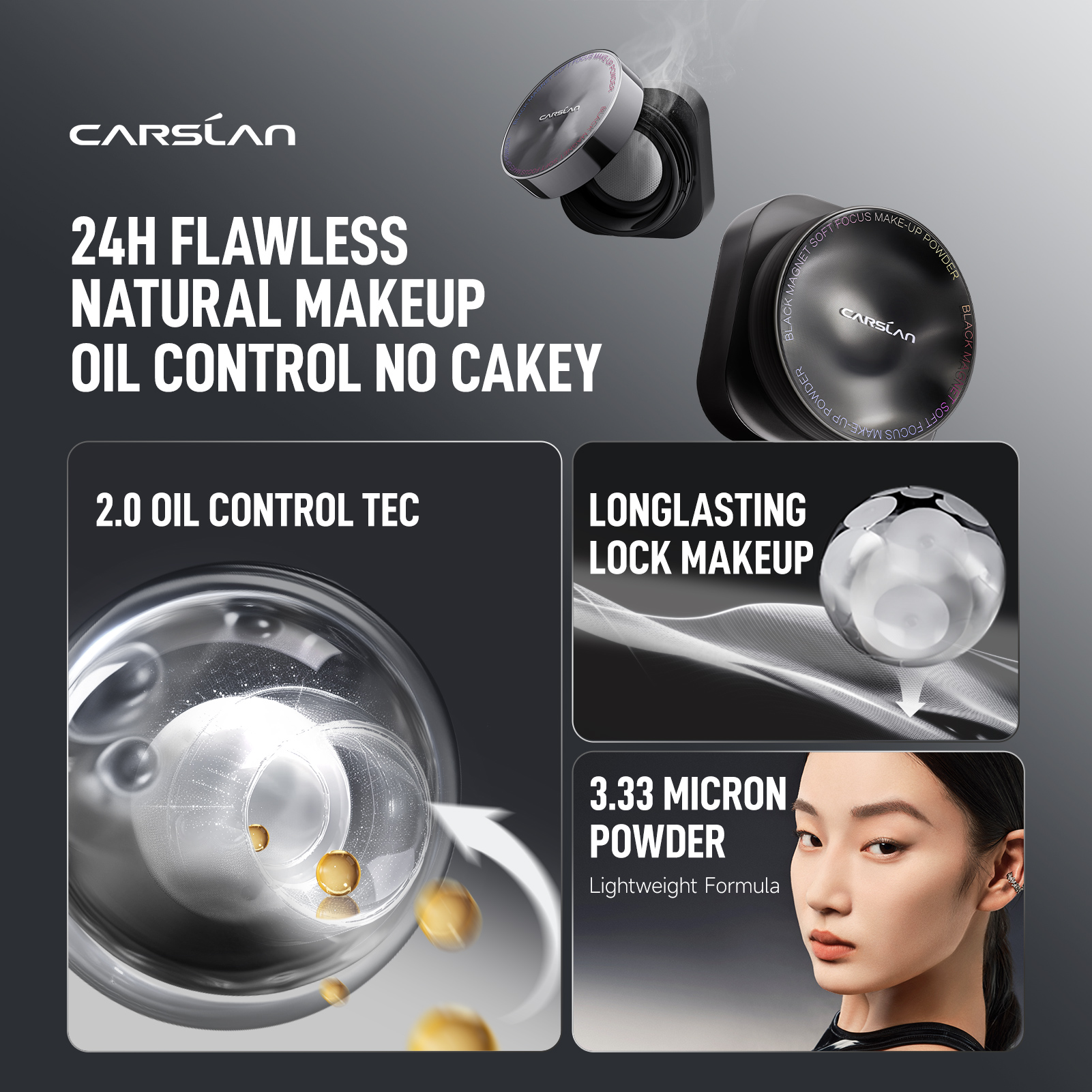 [2.0]CARSLAN Black Magnet Soft Focus Make-up Powder+Liquid Powder Makeup Setting Spray, 24HLongglasting, Oil Control, Waterproof, Blurring Pores Summer Spray & Set Combo
