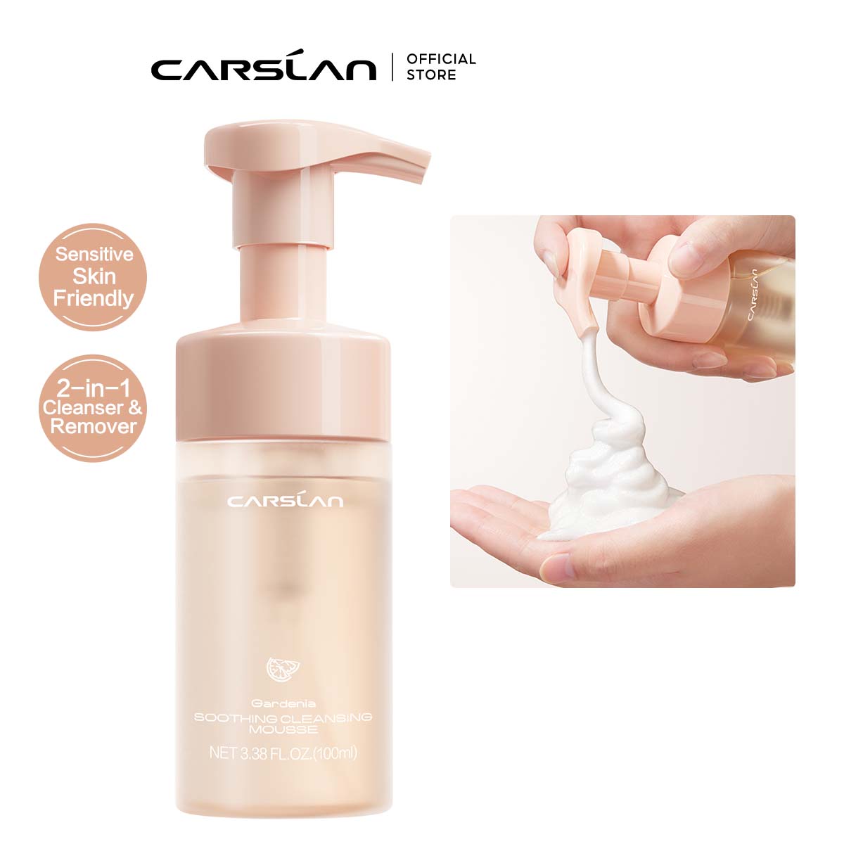 CARSLAN Soothing Cleansing Mousse, 2-in-1 Makeup Remover and Face Wash, Amino Acid Cleanser, Gentle Hydrating Foam, No Tightness, No Redness, Moisturizing Facial Cleanser, Sensitive Skin Friendly, Top-tier Fragrance, 100ml / 50ml