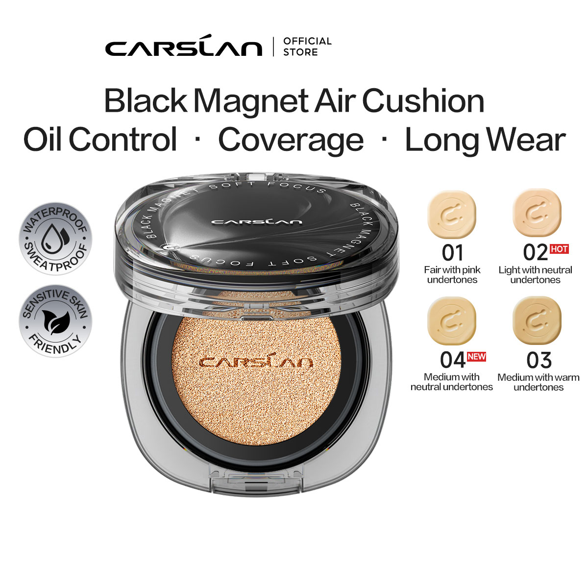 [2.0]CARSLAN Black Magnet Cushion Foundation - Full Buildable Coverage, Moisturizing, Lightweight, 16H Long-Lasting Glow Looking, Refill Included, 13g/0.46Oz