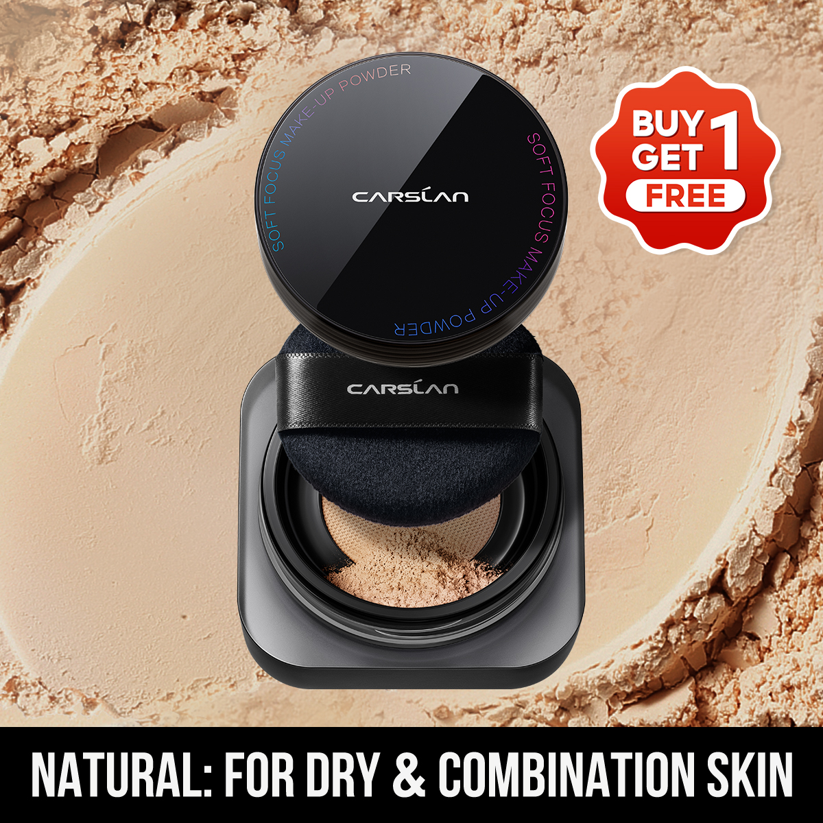 Buy 1 Get 1 Free | CARSLAN Soft Focus Loose Setting Powder, N01 Natural for Medium &amp; Tan, Waterproof, Matte, Oil Control, Shine Free, Talc-Free Face Powder Makeup, 24H Longwear Finishing Powder, 8g/0.28Oz