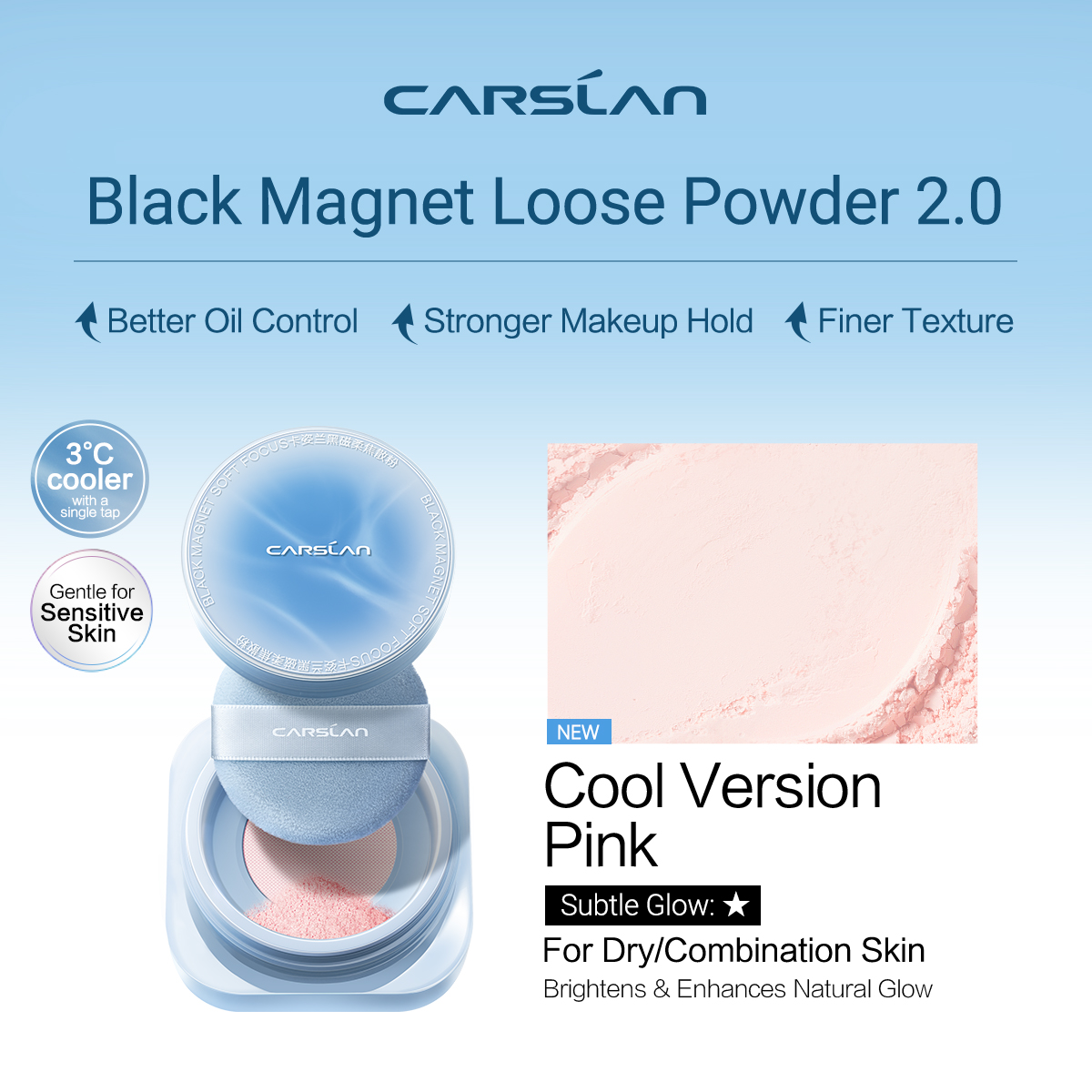 [3.0] [Denim Limited] CARSLAN Black Magnet Loose Powder, Next-Level Oil Control, Sweat-Proof, Smudge-Proof, Natural Matte Finish, No Caking, Perfect for Summer Commute, Pool Parties & All-Day Events