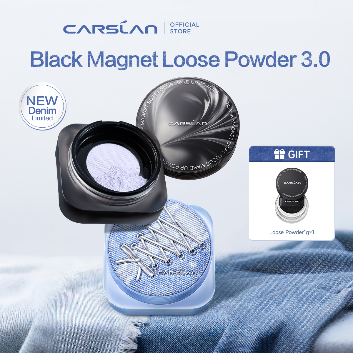 [3.0] [Denim Limited] CARSLAN Black Magnet Loose Powder, Next-Level Oil Control, Sweat-Proof, Smudge-Proof, Natural Matte Finish, No Caking, Perfect for Summer Commute, Pool Parties & All-Day Events