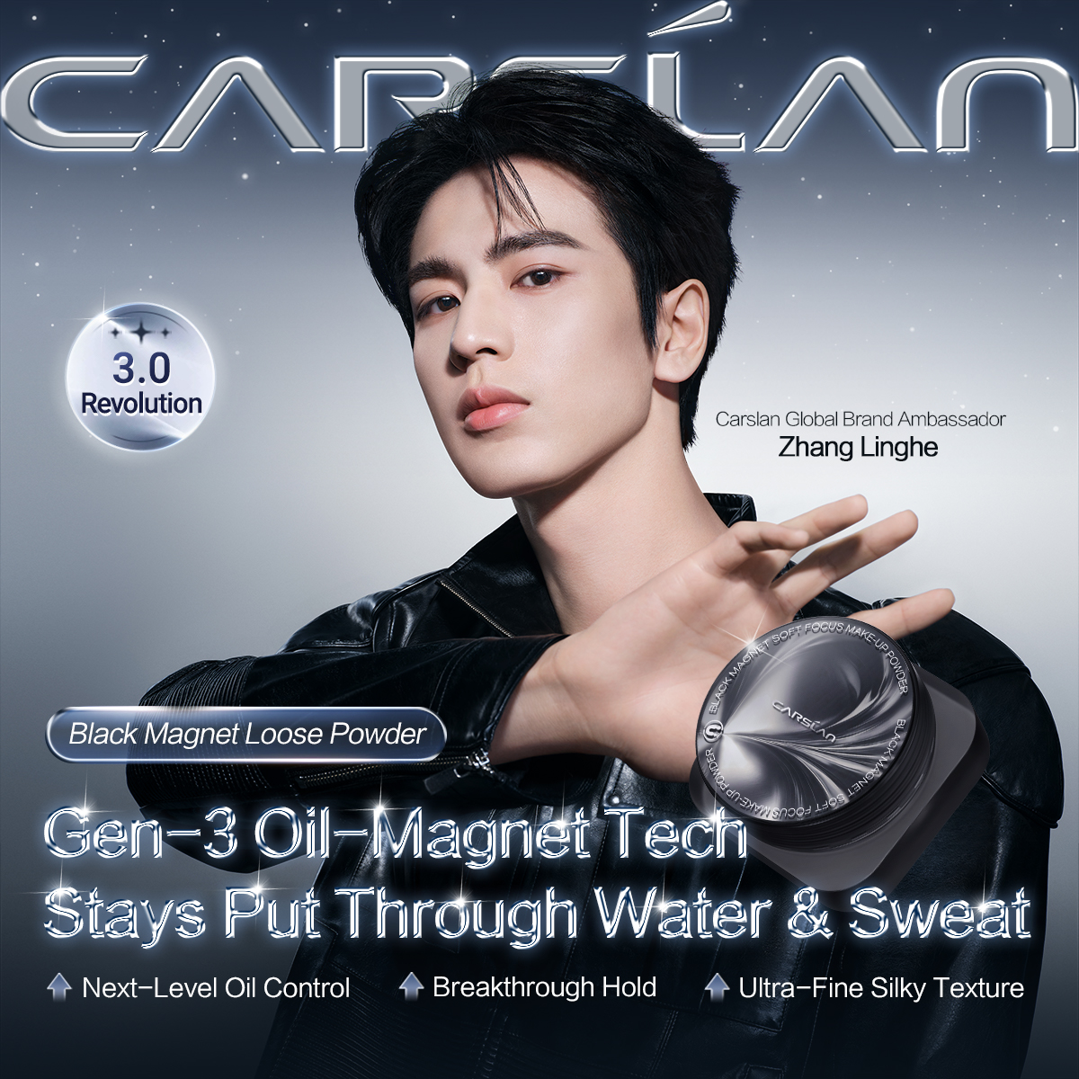 [3.0] [Denim Limited] CARSLAN Black Magnet Loose Powder, Next-Level Oil Control, Sweat-Proof, Smudge-Proof, Natural Matte Finish, No Caking, Perfect for Summer Commute, Pool Parties & All-Day Events