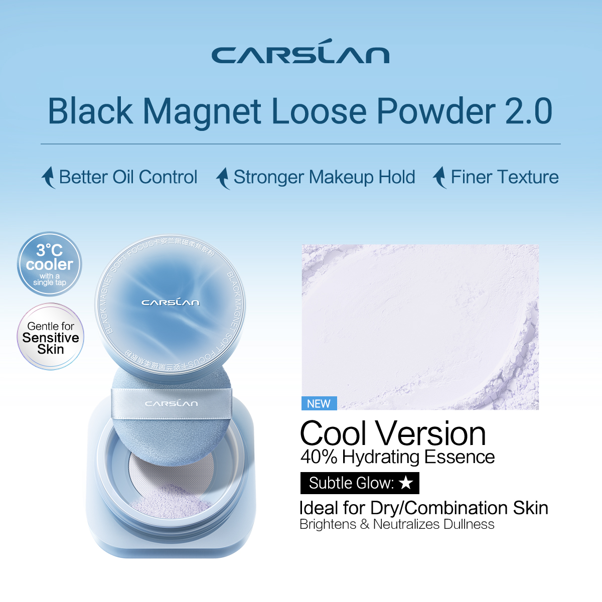 [2.0 Cool Version] CARSLAN Black Magnet Soft Focus Make Up Powder, Waterproof Loose Setting Powder, 24H Longlasting, Oil Control, Talc-Free Face Powder, 0.28Oz