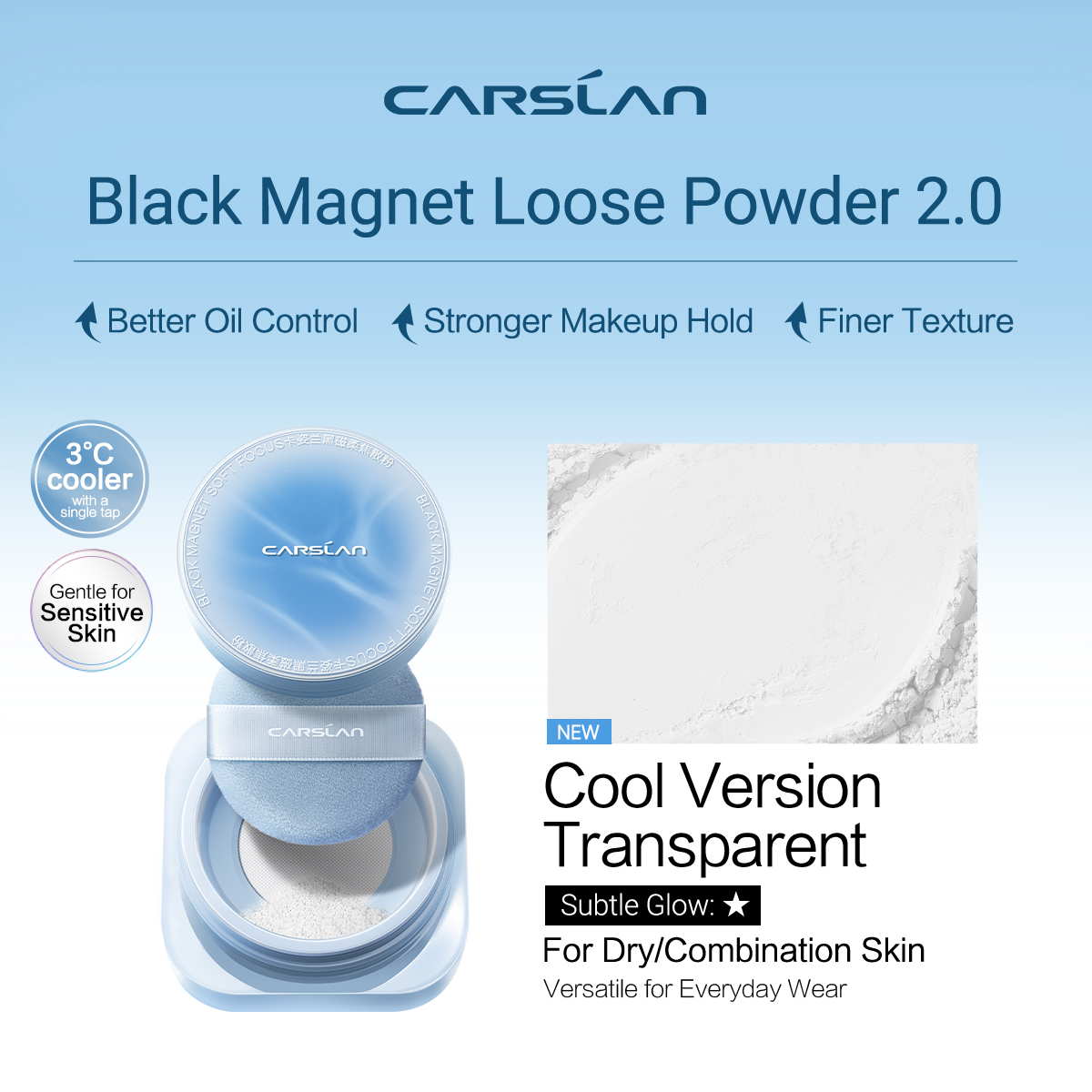 [3.0] [Denim Limited] CARSLAN Black Magnet Loose Powder, Next-Level Oil Control, Sweat-Proof, Smudge-Proof, Natural Matte Finish, No Caking, Perfect for Summer Commute, Pool Parties & All-Day Events