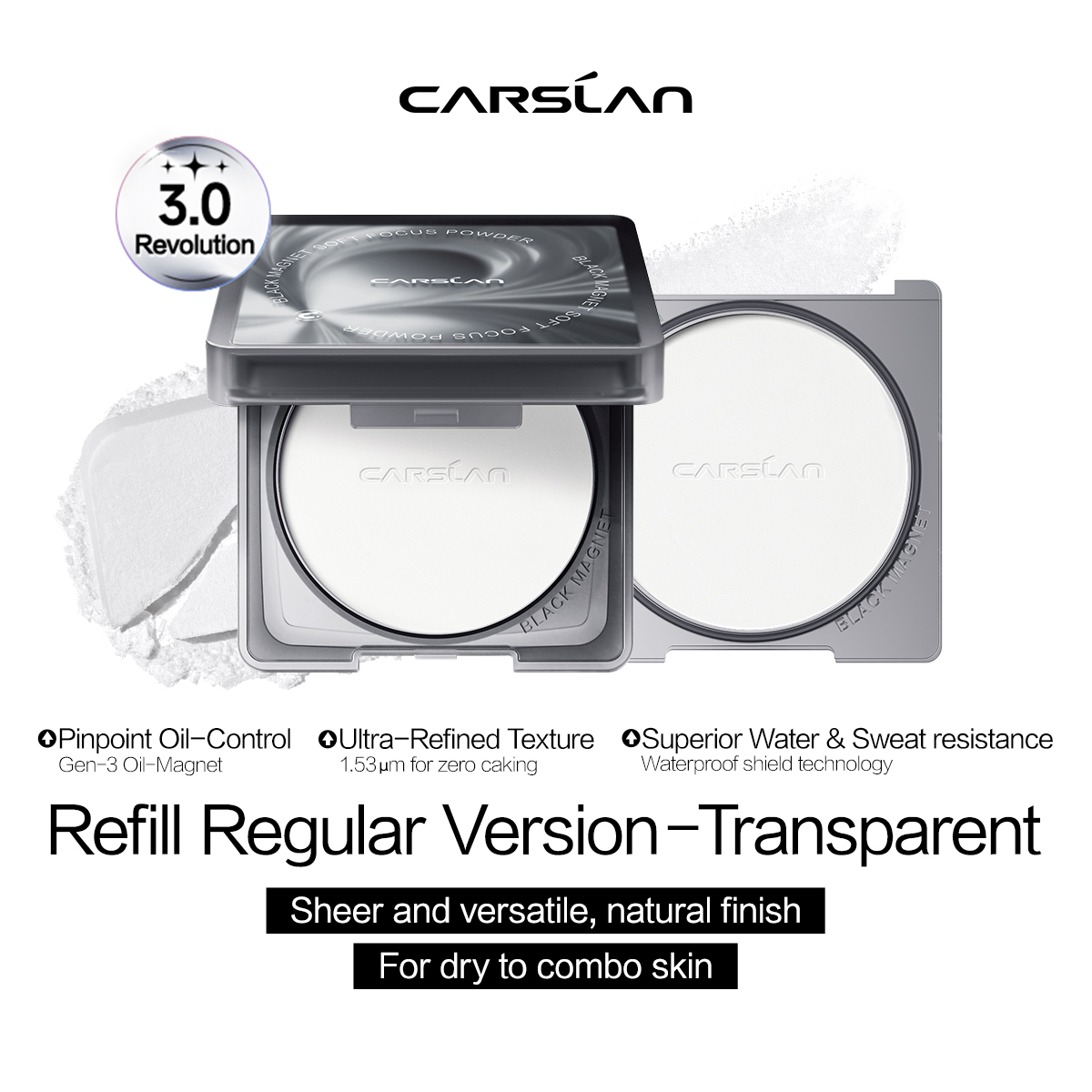 [3.0] [Denim Limited] CARSLAN Black Magnet Pressed Powder, With 1 Refill Included, Pinpoint Oil Control, Long-Lasting, Sweat-Proof, Portable Touch-Up, Non-Cakey Matte, Perfect for Summer Commute, Sports, Parties & All-Day Events