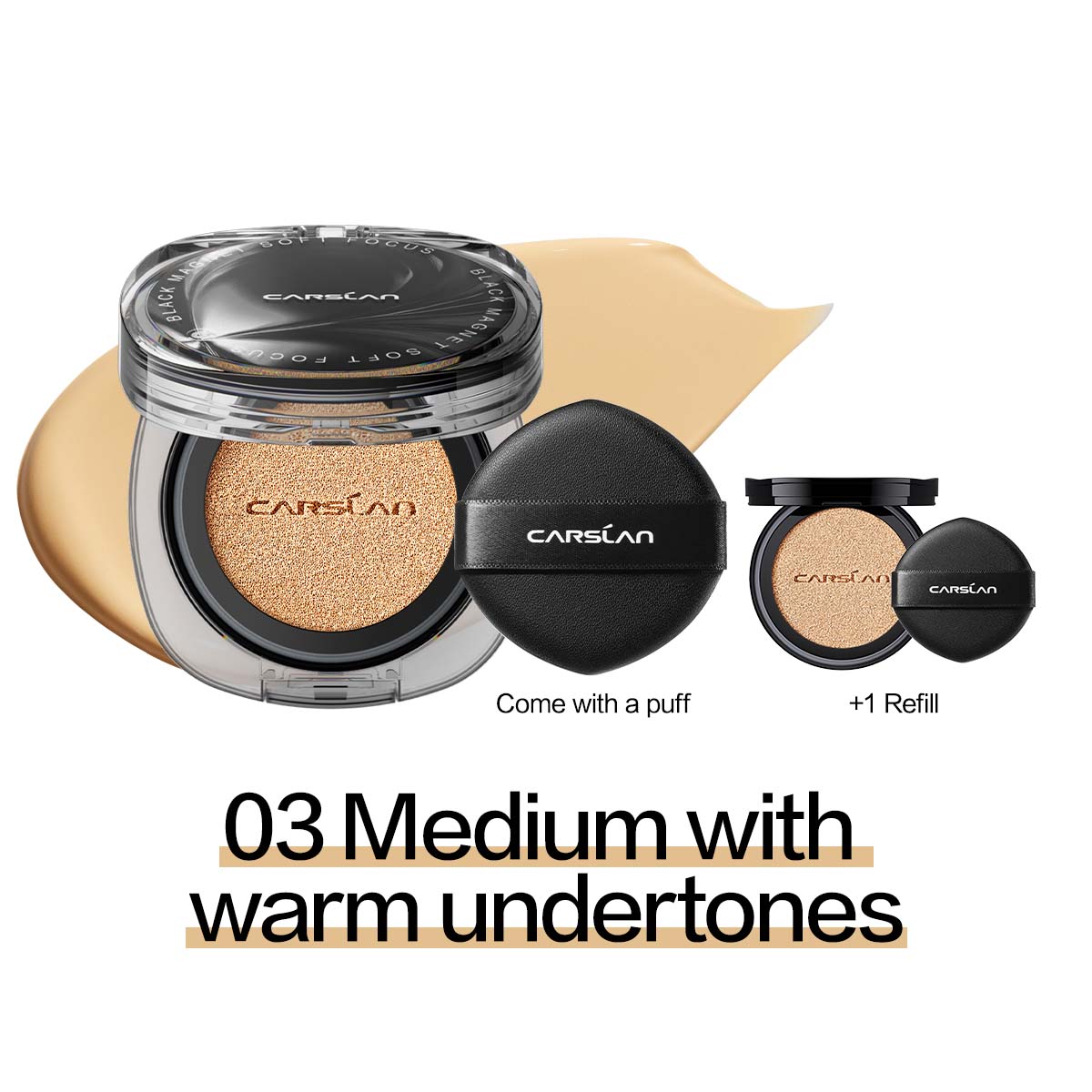 [2.0 Denim Limited] CARSLAN Black Magnet Cushion Foundation - Full Buildable Coverage, Moisturizing, Lightweight, 16H Long-Lasting Glow Looking, Refill Included, 13g/0.46Oz