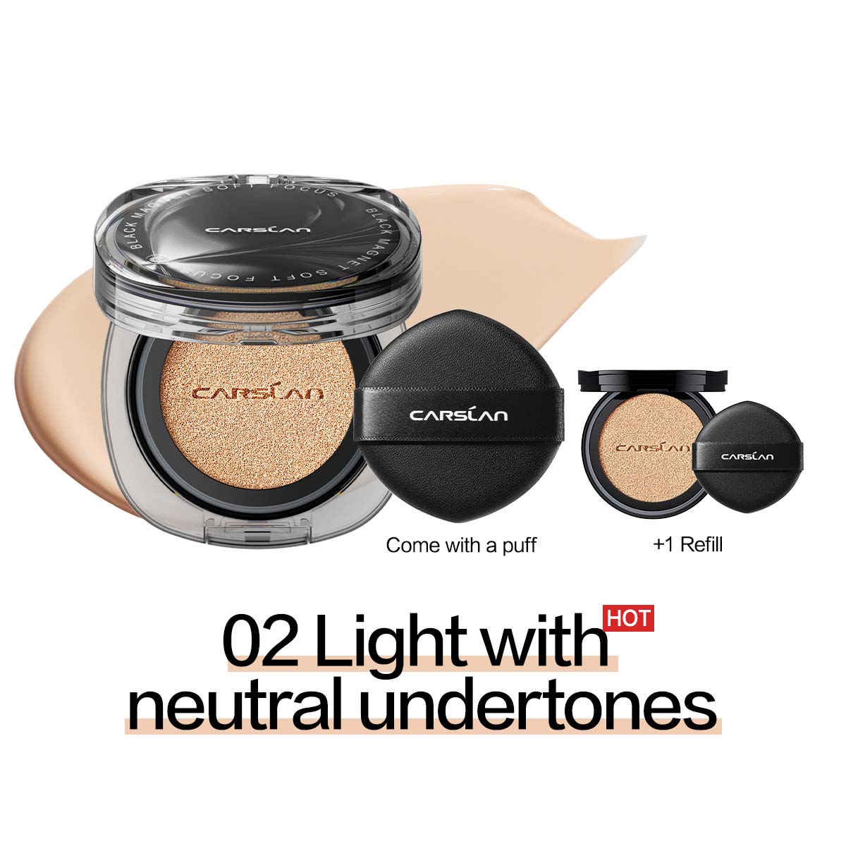 [2.0 Denim Limited] CARSLAN Black Magnet Cushion Foundation - Full Buildable Coverage, Moisturizing, Lightweight, 16H Long-Lasting Glow Looking, Refill Included, 13g/0.46Oz