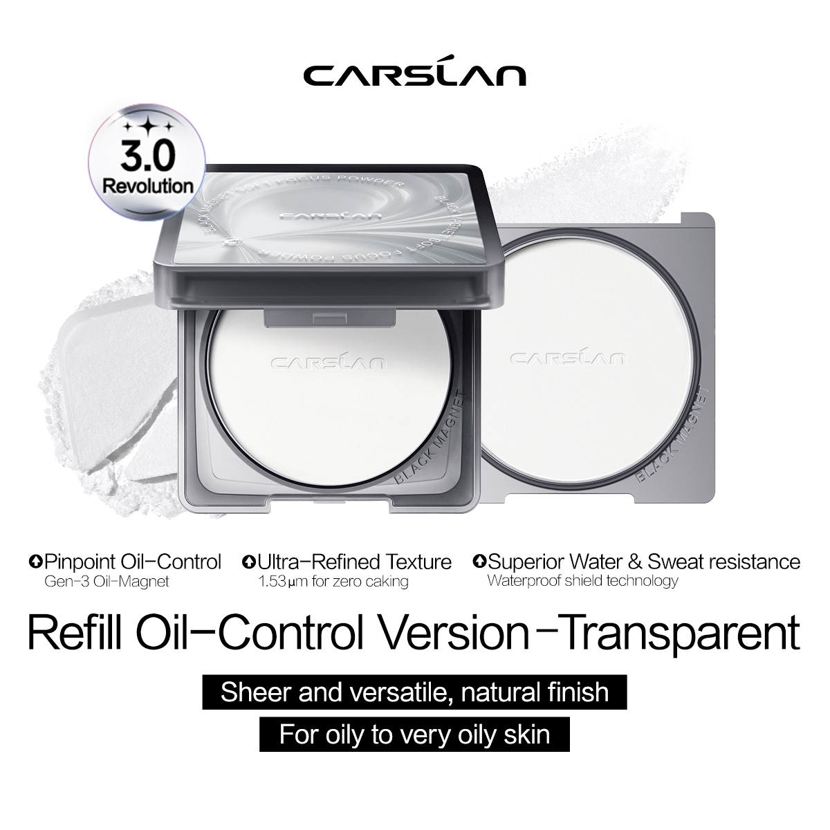 [3.0] [Denim Limited] CARSLAN Black Magnet Pressed Powder, With 1 Refill Included, Pinpoint Oil Control, Long-Lasting, Sweat-Proof, Portable Touch-Up, Non-Cakey Matte, Perfect for Summer Commute, Sports, Parties & All-Day Events