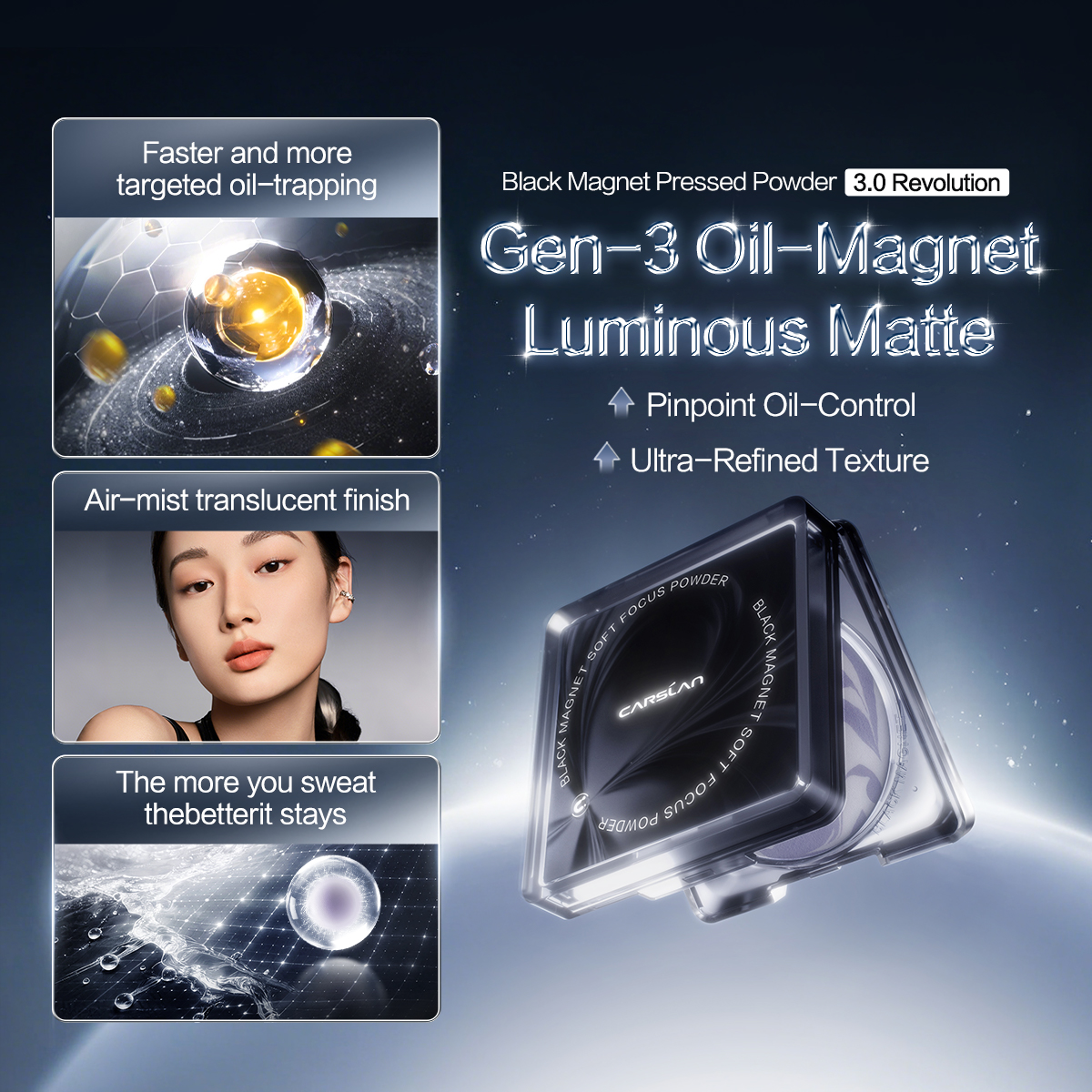 [3.0] [Denim Limited] CARSLAN Black Magnet Pressed Powder, With 1 Refill Included, Pinpoint Oil Control, Long-Lasting, Sweat-Proof, Portable Touch-Up, Non-Cakey Matte, Perfect for Summer Commute, Sports, Parties & All-Day Events