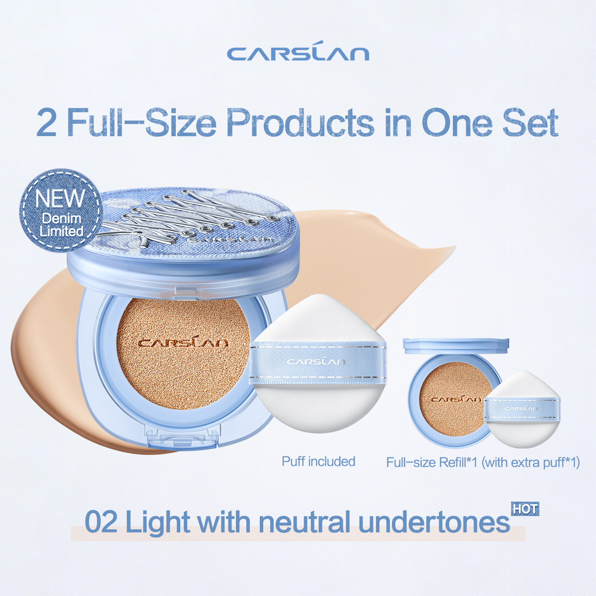[2.0 Denim Limited] CARSLAN Black Magnet Cushion Foundation - Full Buildable Coverage, Moisturizing, Lightweight, 16H Long-Lasting Glow Looking, Refill Included, 13g/0.46Oz