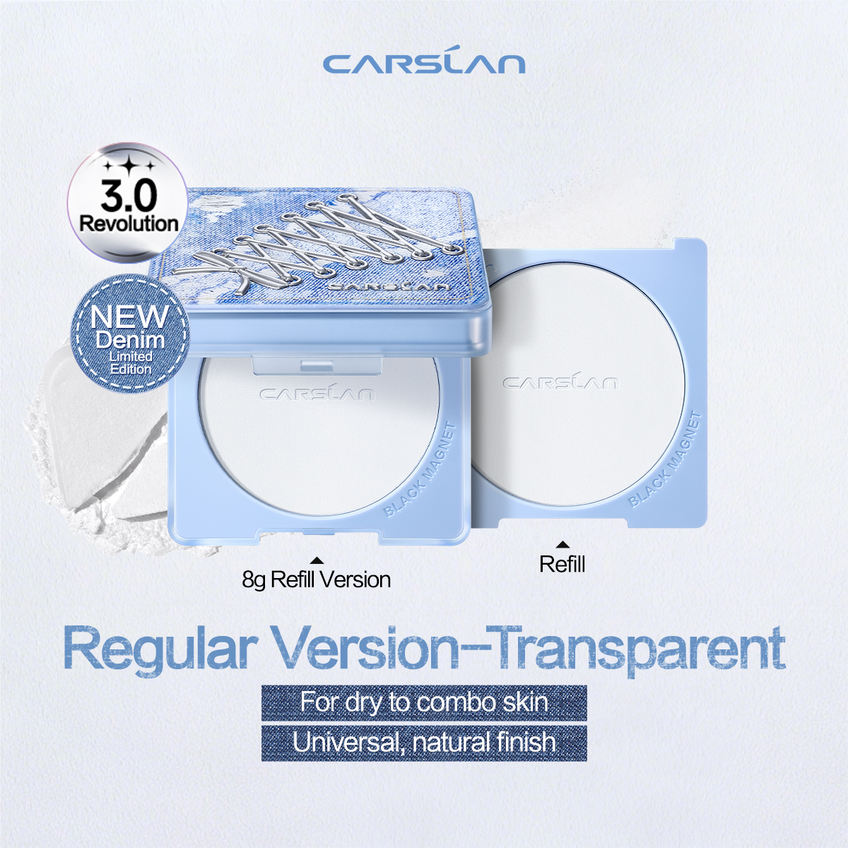 [3.0] [Denim Limited] CARSLAN Black Magnet Pressed Powder, With 1 Refill Included, Pinpoint Oil Control, Long-Lasting, Sweat-Proof, Portable Touch-Up, Non-Cakey Matte, Perfect for Summer Commute, Sports, Parties & All-Day Events