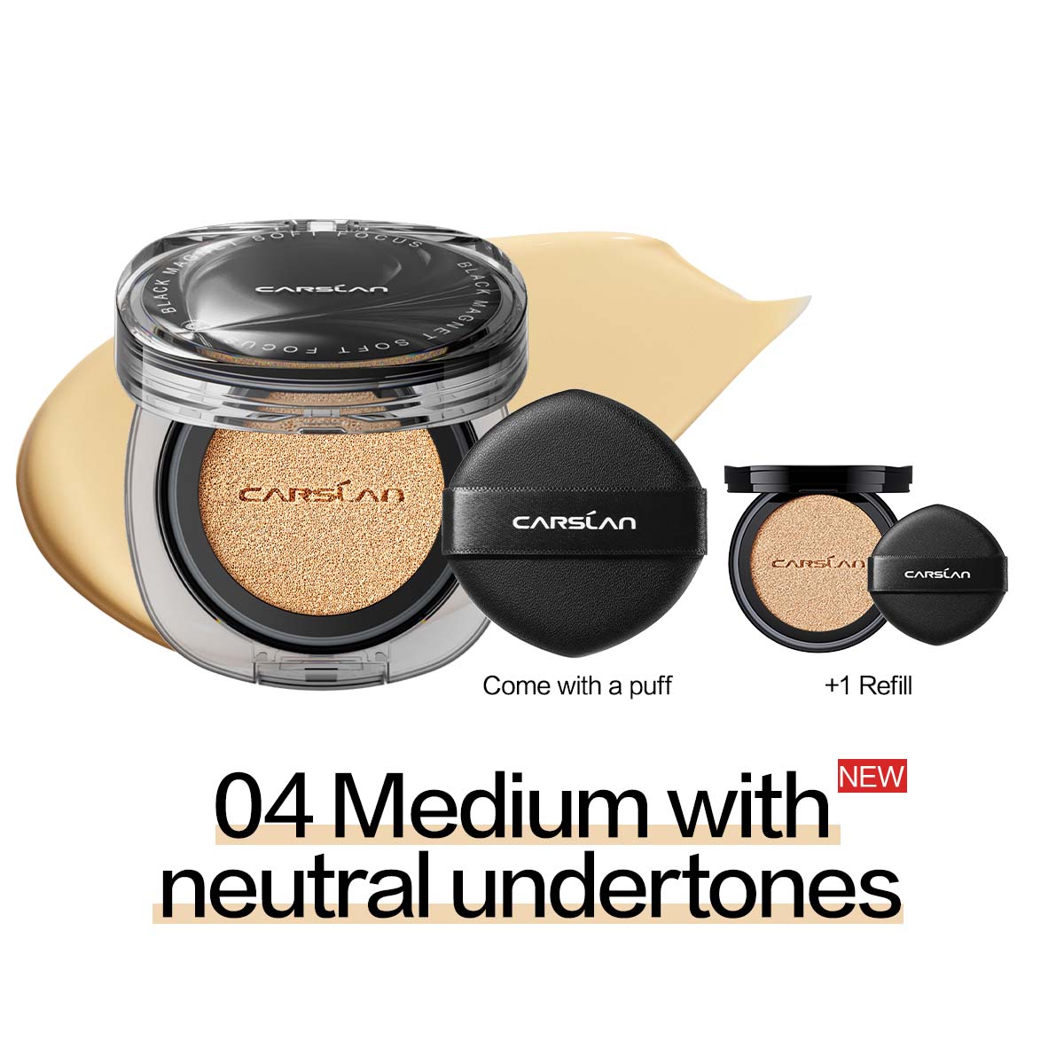 [2.0 Denim Limited] CARSLAN Black Magnet Cushion Foundation - Full Buildable Coverage, Moisturizing, Lightweight, 16H Long-Lasting Glow Looking, Refill Included, 13g/0.46Oz