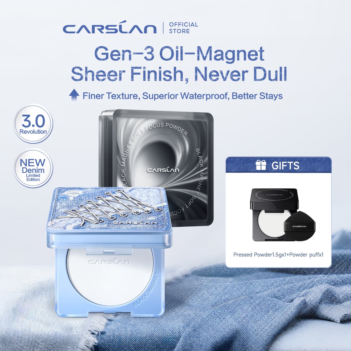 [3.0] [Denim Limited] CARSLAN Black Magnet Pressed Powder, With 1 Refill Included, Pinpoint Oil Control, Long-Lasting, Sweat-Proof, Portable Touch-Up, Non-Cakey Matte, Perfect for Summer Commute, Sports, Parties & All-Day Events